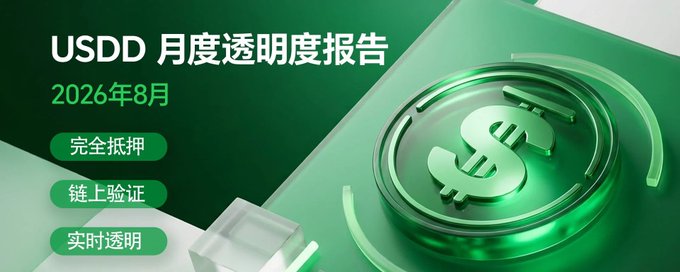 A green-themed promotional banner for the USDD Monthly Transparency Report for August 2026, featuring a large 3D dollar sign graphic and emphasizing fully collateralized, on-chain verification, and real-time transparency.