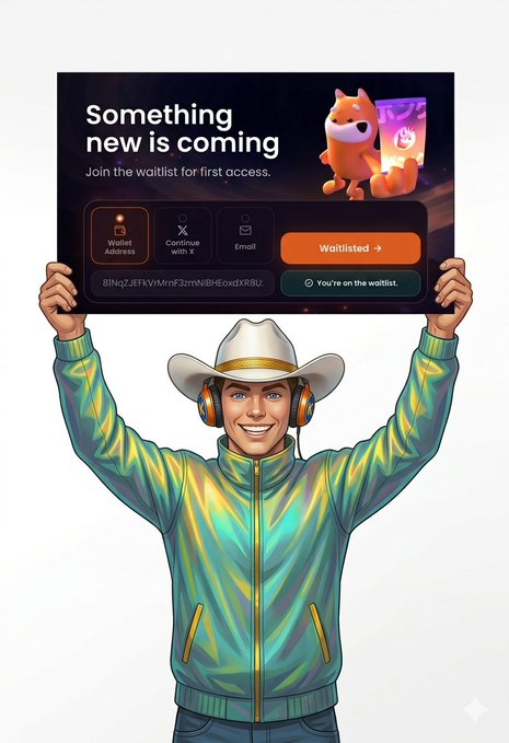 The image features a man wearing a cowboy hat holding up a sign that says " Something new is coming" with an orange cartoon fox on it, which seems to be related to cryptocurrency or blockchain technology. The man appears to be excited about this new development in the world of crypto and might be sharing his enthusiasm for the subject with others.