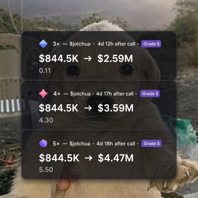 A background photo of a cute puppy overlaid with three cryptocurrency trading performance cards showing 'Grade S' calls by '$jotchua' with profits increasing from $844.5K to $4.47M at 3x, 4x, and 5x multipliers.