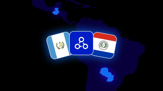 A graphic showing the flags of Guatemala and Paraguay flanking Oobit's logo over a dark blue map of Latin America, highlighting the app's expansion into these two emerging crypto markets where adoption rates are rapidly growing but spending infrastructure remains limited.