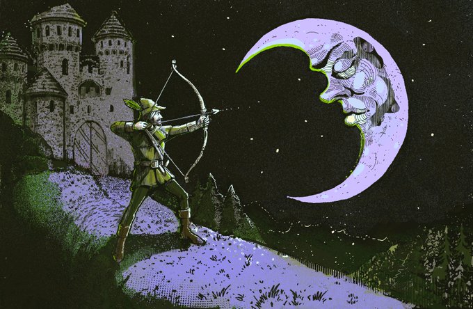 The image shows an illustrated scene of an archer drawing a bow and aiming an arrow at a crescent moon with a man's face embedded in it, set against a starry night sky with a castle in the background.

The image's reference to "shooting for the moon" ties into the post's warning about collaboration eligibility requirements, using the visual metaphor of an archer taking aim at a distant target to represent the bold, high-reaching approach of those questioning collaboration eligibility.