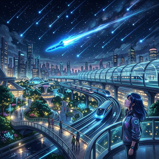 A vibrant digital illustration of a futuristic cityscape at night, featuring a meteor shower, sleek trains on elevated tracks, and a person in the foreground looking up at the sky.