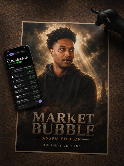 A phone displays a portfolio with "$110,589,988" and various tokens, including "manlet on sol", alongside a poster titled "MARKET BUBBLE - ANSEM EDITION". This image visually represents the cryptocurrency market, aligning with the post's mention of "$manlet on sol" as a token listed on the platform.