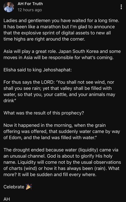 A YouTube comment by "AH For Truth" predicts an explosive rally in digital assets driven by Asia (Japan, South Korea) and draws a biblical metaphor from 2 Kings 3 about sudden, unexpected water (liquidity) ending a drought, urging viewers to "Celebrate"—aligning with the caption's nod to his prophetic financial wisdom.