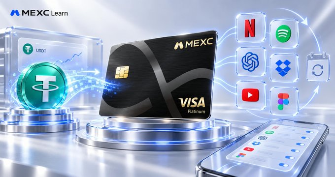 A promotional image showcasing the MEXC Visa Platinum card alongside the USDT (Tether) logo and various app icons including Netflix, Spotify, YouTube, ChatGPT, and Google Pay, illustrating how the virtual debit card integrates cryptocurrency with everyday digital spending and subscriptions. The "MEXC Learn" branding appears in the top left, emphasizing the educational marketing focus on using USDT for real-world purchases.