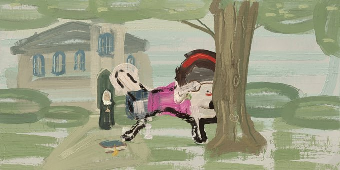 A digital painting showing an abstract or distorted figure in a pink and black outfit standing near a tree in a park-like setting with a building in the background.