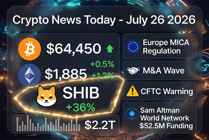 A 'Crypto News Today - July 26 2026' graphic showing Bitcoin at $64,450 (+0.5%), Ethereum at $1,885 (+1.2%), and Shiba Inu up +36% to a $2.2T market cap, alongside news of Europe MICA Regulation, an M&A Wave, a CFTC Warning, and Sam Altman's World Network $52.5M Funding.