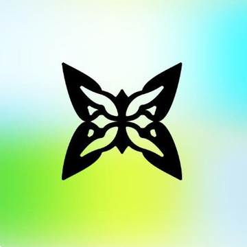 A black butterfly-shaped logo with a four-leaf clover design in the center against a green and blue gradient background.