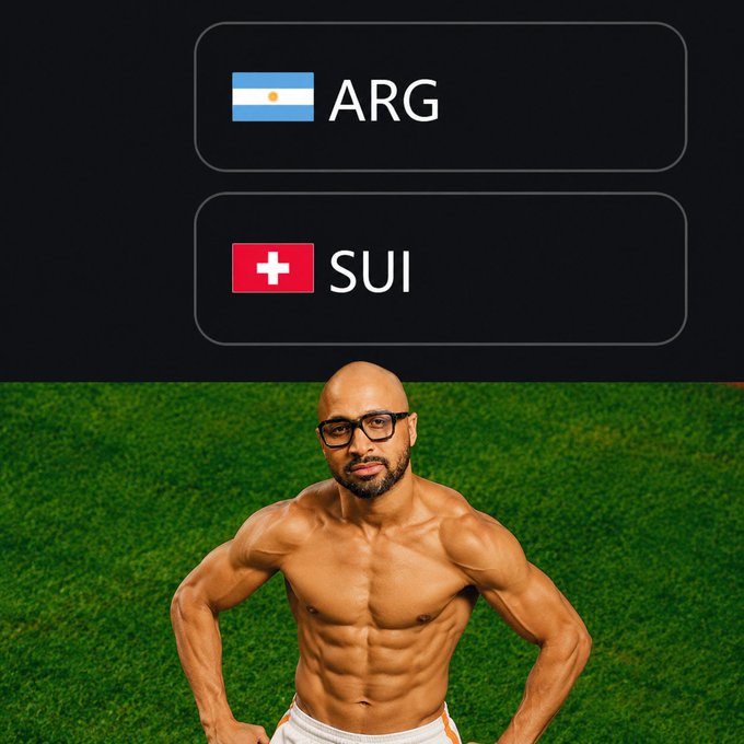 A graphic showing matchup buttons for ARG (Argentina) and SUI (Switzerland), paired with a photo of a muscular bald man with glasses posing on a green field, visually representing the humor of "SUI" being a country rather than the Sui blockchain.