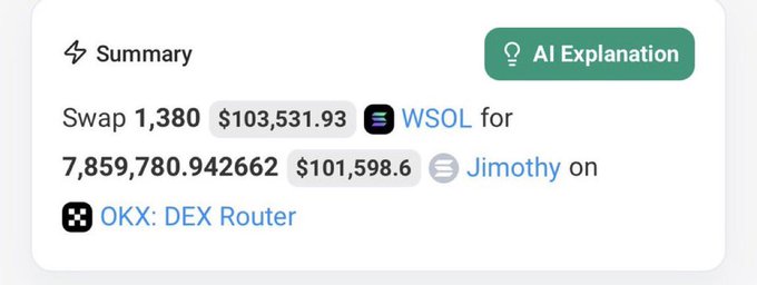 The image shows a crypto transaction summary indicating a swap of 1,380 WSOL ($103,531.93) for 7,859,780.942662 Jimothy ($101,598.6) via OKX DEX Router. The post appears to mock how large purchases by "crypto.com" wallets—once ridiculed—are now being reframed as bullish signals for meme coins like Jimothy.