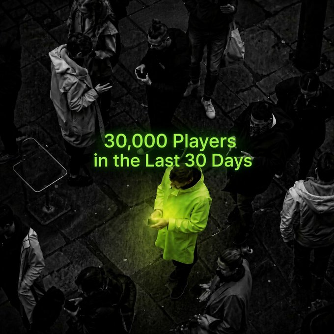 A neon green-highlighted figure stands out among a crowd of black-and-white pedestrians on a cobblestone street, with text overlay reading "30,000 Players in the Last 30 Days," visually celebrating the milestone announced in the post about reaching 30,000 players in 30 days within the Solana gaming ecosystem.