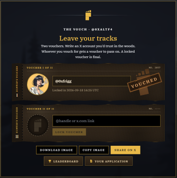 A dark-themed webpage for 'The Vouch - @0xALTF4' encouraging users to 'Leave your tracks' by writing an X account, showing a vouched entry for @ndrigiig and an empty slot, with options to download, copy, or share the image.