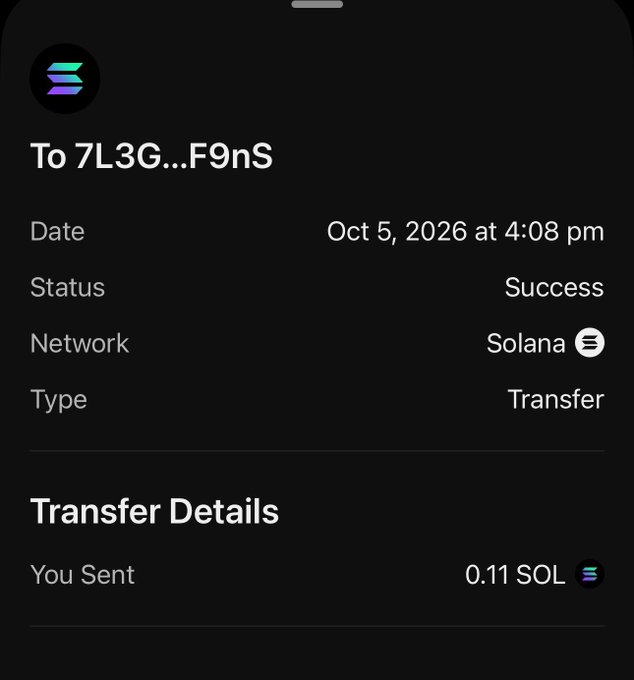 A Solana transaction confirmation screen showing a successful transfer of 0.11 SOL sent to address 7L3G...F9nS on Oct 5, 2026 at 4:08 pm.
