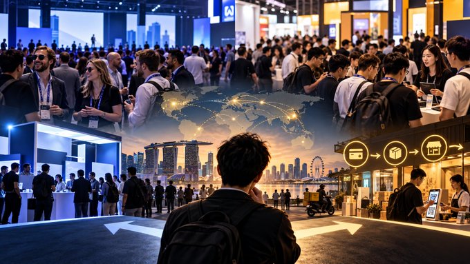 A composite promotional image showing a crowded trade conference with attendees networking, overlaid with a glowing world map, an Asian city skyline featuring Marina Bay Sands, and icons depicting digital commerce and global payments.