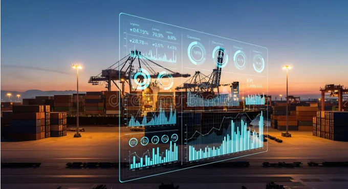 A futuristic digital dashboard displaying shipping port statistics and analytics hovers over a shipping container yard at dusk, showing metrics like 'Imports 4.19%', 'Containers 70.9%', and 'Ships 9.85%'.
