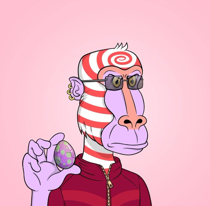 A cartoon illustration of a purple monkey-like character with red and white striped hair, wearing sunglasses, earrings, and a red jacket, holding up a spotted purple egg against a pink background.
