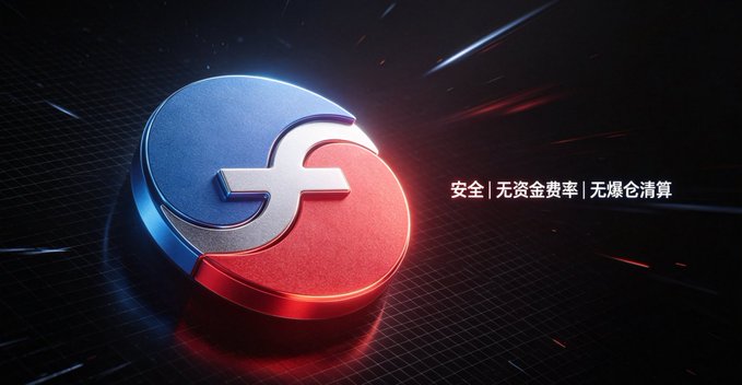 A 3D rendered logo featuring a circular emblem split into blue and red halves, displayed with Chinese text '安全 | 无资金费率 | 无爆仓清算' (Safe | No funding rate | No liquidation).