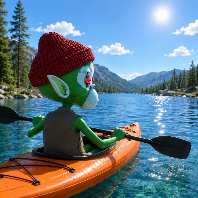 A 3D-style illustration shows a small green alien-like character wearing a red beanie and life vest, paddling an orange kayak across a sparkling mountain lake.