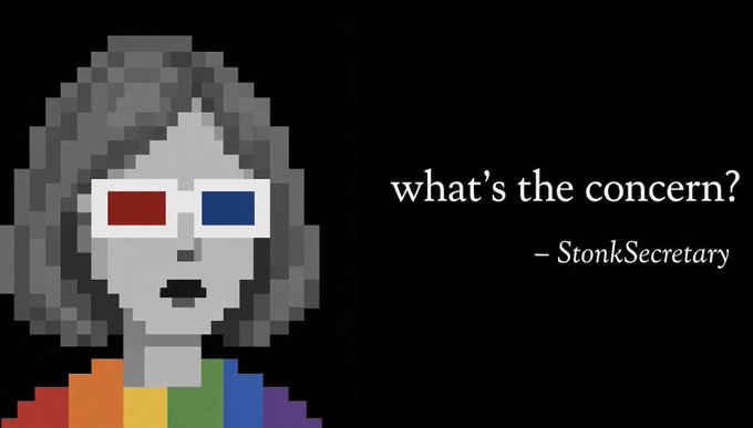 A pixelated gray character wearing red and blue 3D glasses and a rainbow shirt, with the text "what's the concern?" and "– StonkSecretary" on a black background.