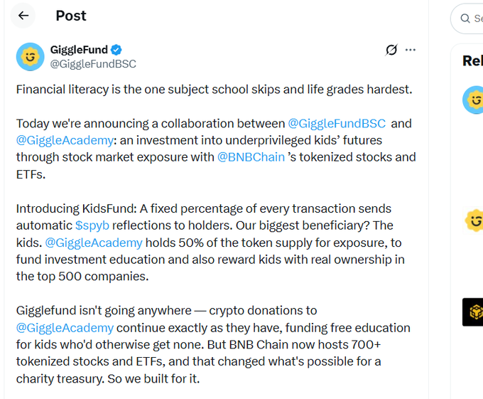 The image shows a Twitter/X post from a verified "GiggleFund" (@GiggleFundBSC) announcing a collaboration with @GiggleAcademy involving @BNBChain tokenized stocks and introducing "KidsFund." This appears to be the post being flagged as a scam, with claims about charity investments, 50% token supply holdings, and exposure to top 500 companies being tied to an unofficial, fraudulent account exploiting the Giggle meme token name.