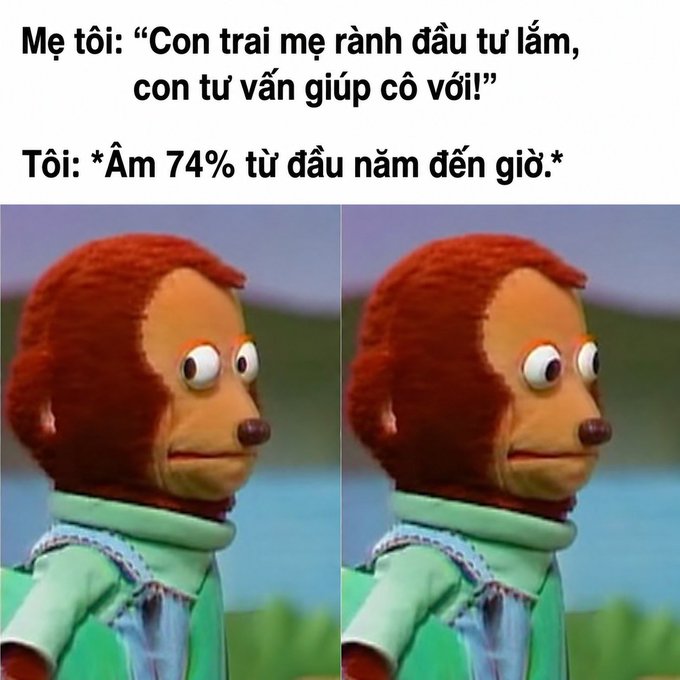 Vietnamese meme with two identical images of a monkey puppet looking sideways, captioned: 'Mẹ tôi: "Con trai mẹ rành đầu tư lắm, con tư vấn giúp cô với!" Tôi: *Âm 74% từ đầu năm đến giờ.*'