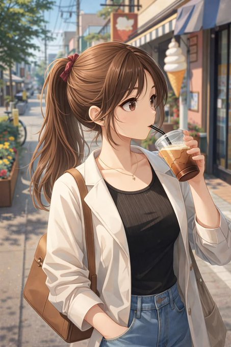 An anime-style girl with a ponytail and white shirt sips an iced coffee on a sunny street, capturing the casual, exploratory vibe of discovering a new platform like River.

Text visible: None discernible beyond a small ice cream sign in the background.
