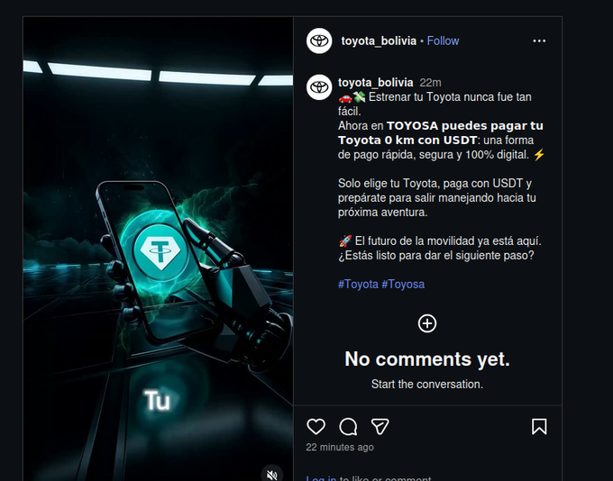The image shows a Toyota Bolivia Instagram post featuring a futuristic robotic hand holding a smartphone displaying the Toyota logo on a glowing green background. The post announces a new partnership allowing customers to pay for Toyota vehicles 0 km using USDT cryptocurrency, promoting it as a fast, secure, and 100% digital payment method.