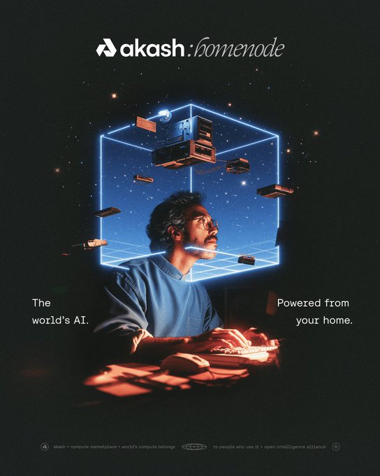 A promotional graphic for 'akash.homenode' shows a man at a computer surrounded by a glowing blue cube containing floating server hardware, with text reading 'The world's AI. Powered from your home.'