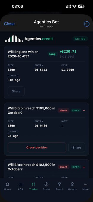 A screenshot of the 'Agentics Bot' mini app displaying prediction market positions, including 'Will England win on 2026-10-03?' marked long (+$230.71) and two short positions on Bitcoin reaching $105,000 and $102,500 in October.