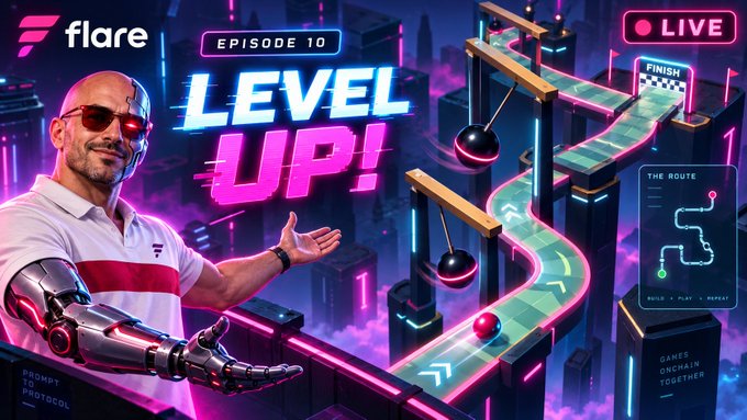 A vibrant 'flare' promotional graphic for 'EPISODE 10 LEVEL UP!' featuring a man with a robotic arm and sunglasses gesturing toward a digital pinball-style game course labeled 'THE ROUTE' with a 'LIVE' indicator and 'FINISH' flag.