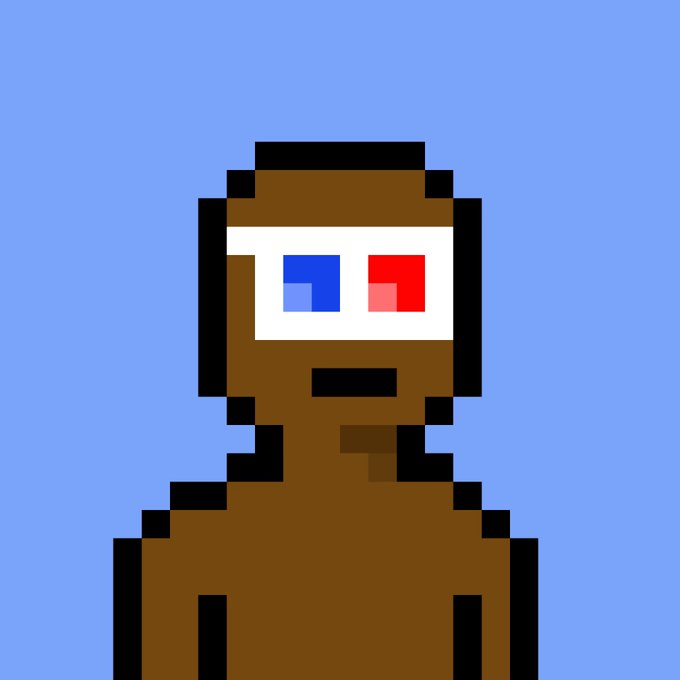 A pixel art portrait of a figure with a blue 3D glasses-style visor on a brown face, set against a blue background.