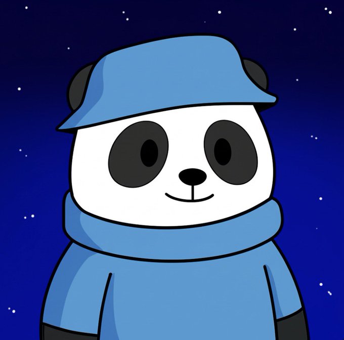 A cartoon illustration of a panda wearing a blue bucket hat and blue sweater against a dark blue starry night background.