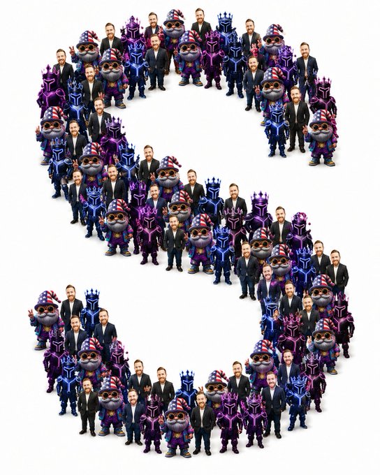 A large collection of small figurines depicting Elon Musk, Donald Trump, and armored characters in purple and blue are arranged to form the number 2.