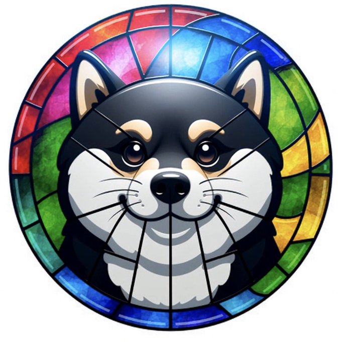The image features a black and white dog's face, which appears to be a cartoon or illustration style. The dog has a happy expression as if it is smiling at the camera. The background of the image consists of a colorful stained glass design with various shapes and colors, creating an interesting contrast against the dog's face. The caption below the image reads: "Thank you Anndy! $Manyu".