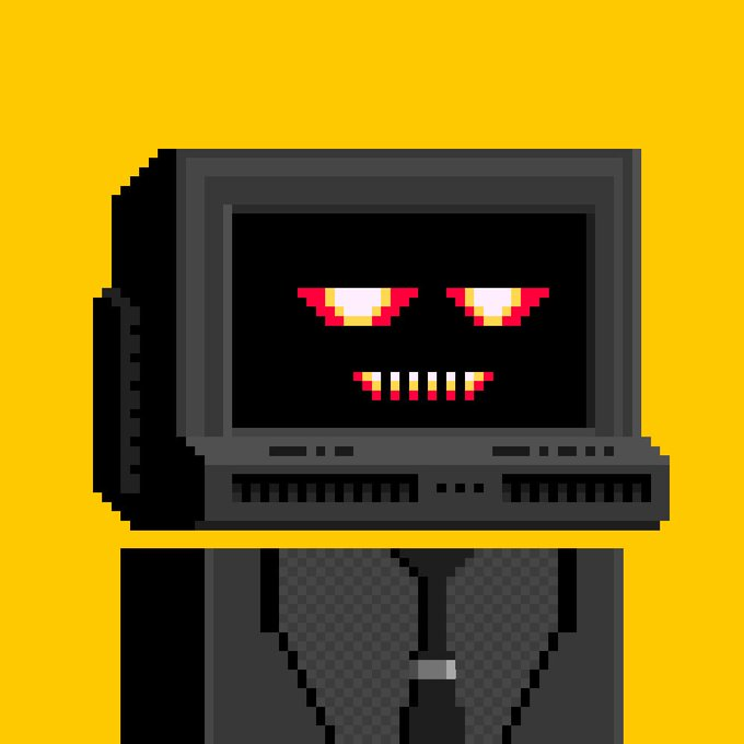 Pixel art illustration of a menacing computer or robot head with glowing red and yellow eyes and sharp teeth on a bright yellow background.