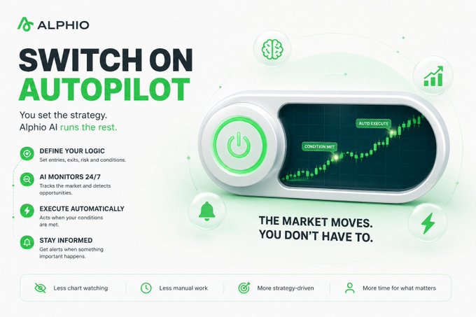 A promotional graphic for Alphio with the headline 'SWITCH ON AUTOPILOT' and the tagline 'THE MARKET MOVES. YOU DON'T HAVE TO,' highlighting features like AI monitoring and auto-execute.