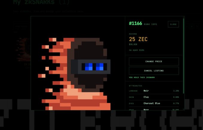 A digital marketplace listing for a pixelated avatar character named 'ZRSNARRS' with blue visor glasses. The asking price is '25 ZEC' ($58.82).