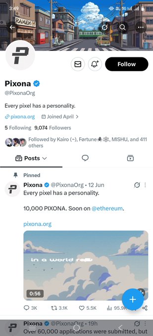 The image shows a social media post with a screenshot of a Twitter feed, which includes a post by someone named PIXANA. The post features an image of a cityscape along with text that reads "Every pixel has a personality". This post is related to the account @PIXANA, as indicated by the Twitter handle. The post also mentions that followers can be found on the post and that it was created at 8:55 am.