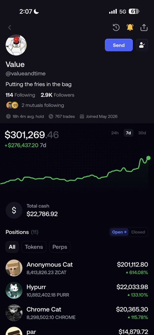 A screenshot of a profile for 'Value' (@valueandtime) on a trading platform, showing a portfolio value of $301,269.46 with a 7-day change of +$276,437.20, displaying crypto positions including Anonymous Cat, Hypurr, Chrome Cat, and par.
