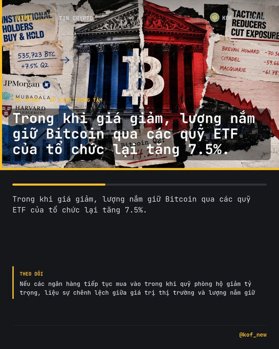 An image featuring torn newspaper clippings and financial data overlaid with Vietnamese text stating "Trong khi giá giảm, lượng nắm giữ Bitcoin qua các quỳ ETF của tổ chức lại tăng 7.5%" (While prices are falling, institutional Bitcoin holdings through ETF funds have increased by 7.5%), showing that institutional ETF holdings rose from 498,389 to 535,723 BTC (+7.5% Q2), with JPMorgan, Mubadala, and Harvard cited as holders while Brevan Howard (-70.3%), Citadel (-59.66%), and Macquarie (-61.78%) reduced their positions.