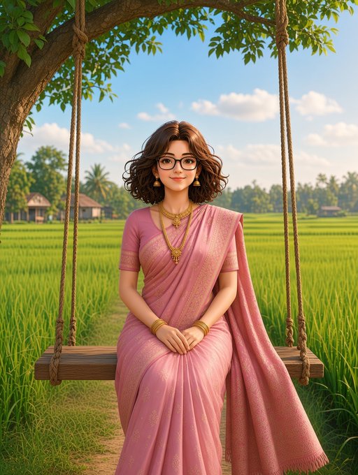 A digital illustration of a young woman with glasses wearing a pink saree and gold jewelry, sitting on a wooden swing hanging from a tree in a lush green rice field.