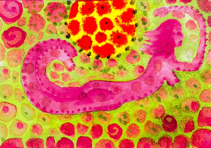 A vibrant watercolor-style illustration depicts a pink, lizard-like creature with a yellow spiky crest against a background of red, orange, and green circular patterns.