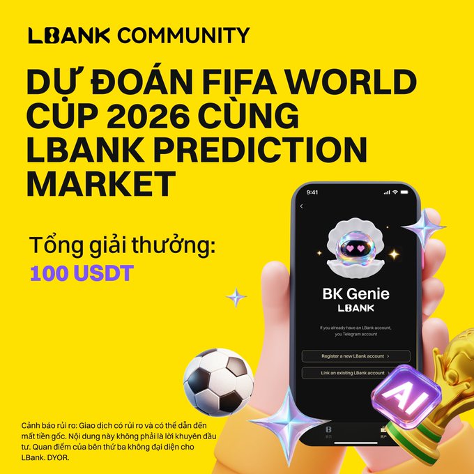 The image features a cell phone with an advertisement for a betting market that allows users to predict the results of the FIFA World Cup. The text on the image reads "PREDICT FIFA WORLD CUP 2026 WITH LBANK PREDICTION MARKET World Cup is here! Do you think you can accurately predict the match results? Join LBank Prediction Market and share the 150 USDT prize pool!".
