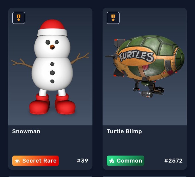 A gaming rewards screen displays two collectible items: a 'Secret Rare' Snowman (#39) and a 'Common' Turtle Blimp (#2572), both marked with trophy icons.