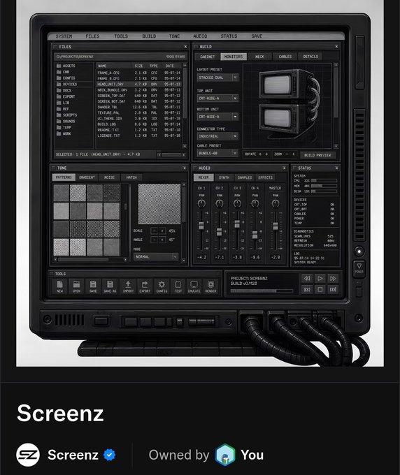 An NFT profile for 'Screenz' showing an image of a retro-futuristic control panel interface, with the owner listed as 'You' and the collection by 'Screenz'.