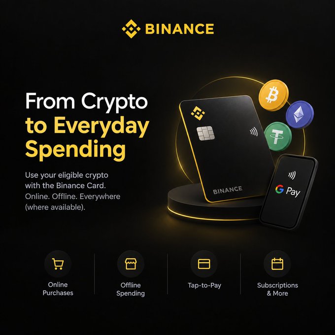 A Binance promotional image showcases a sleek black Binance Card alongside a smartphone displaying Google Pay, with floating cryptocurrency icons (Bitcoin, Ethereum, and Tether). The headline "From Crypto to Everyday Spending" highlights how users can spend their eligible crypto online, offline, and via tap-to-pay, directly illustrating the post's message about crypto transitioning from a held asset to a practical everyday tool.