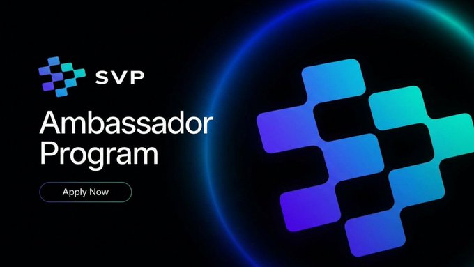 A dark promotional banner for the 'SVP Ambassador Program' with an 'Apply Now' button and a blue/purple geometric logo design.
