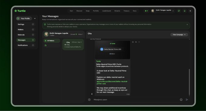 A screenshot of a dark-themed messaging interface for 'Turtle', showing a 'City' channel with information about Delta-Neutral Prime USD and links for support.