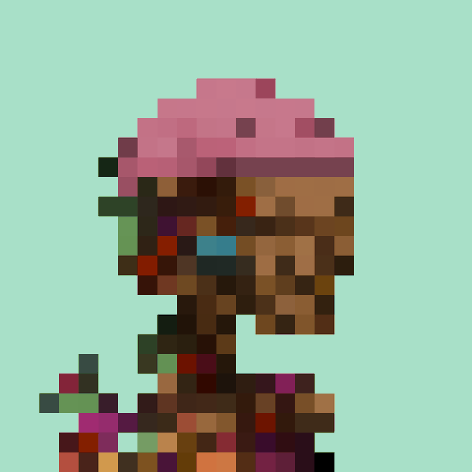 A heavily pixelated, glitch-style portrait of a figure with pink hair and brown skin against a mint green background.