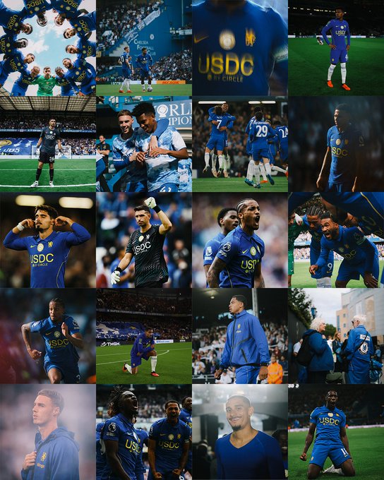 A grid-style collage featuring multiple frames of Chelsea FC soccer players in their iconic blue USDC (formerly Yokohama Tyres)-sponsored jerseys, showing various action shots, celebrations, and sideline moments on the pitch at Stamford Bridge, with visible numbers including 7, 9, 29, and others across the different player shots.